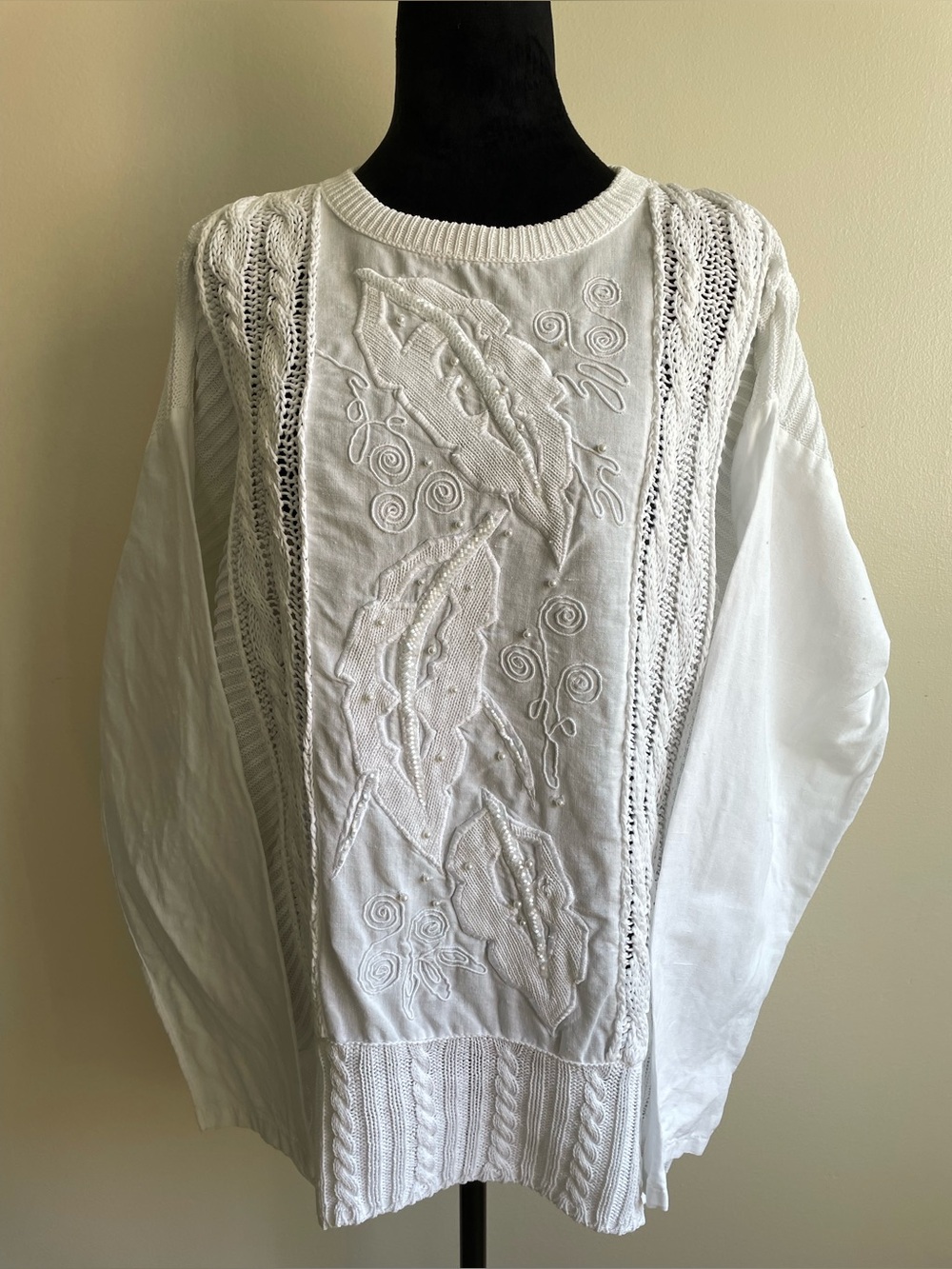 Vintage 90s I.B. Diffusion White Ramie Cotton Embellished Sweater Large